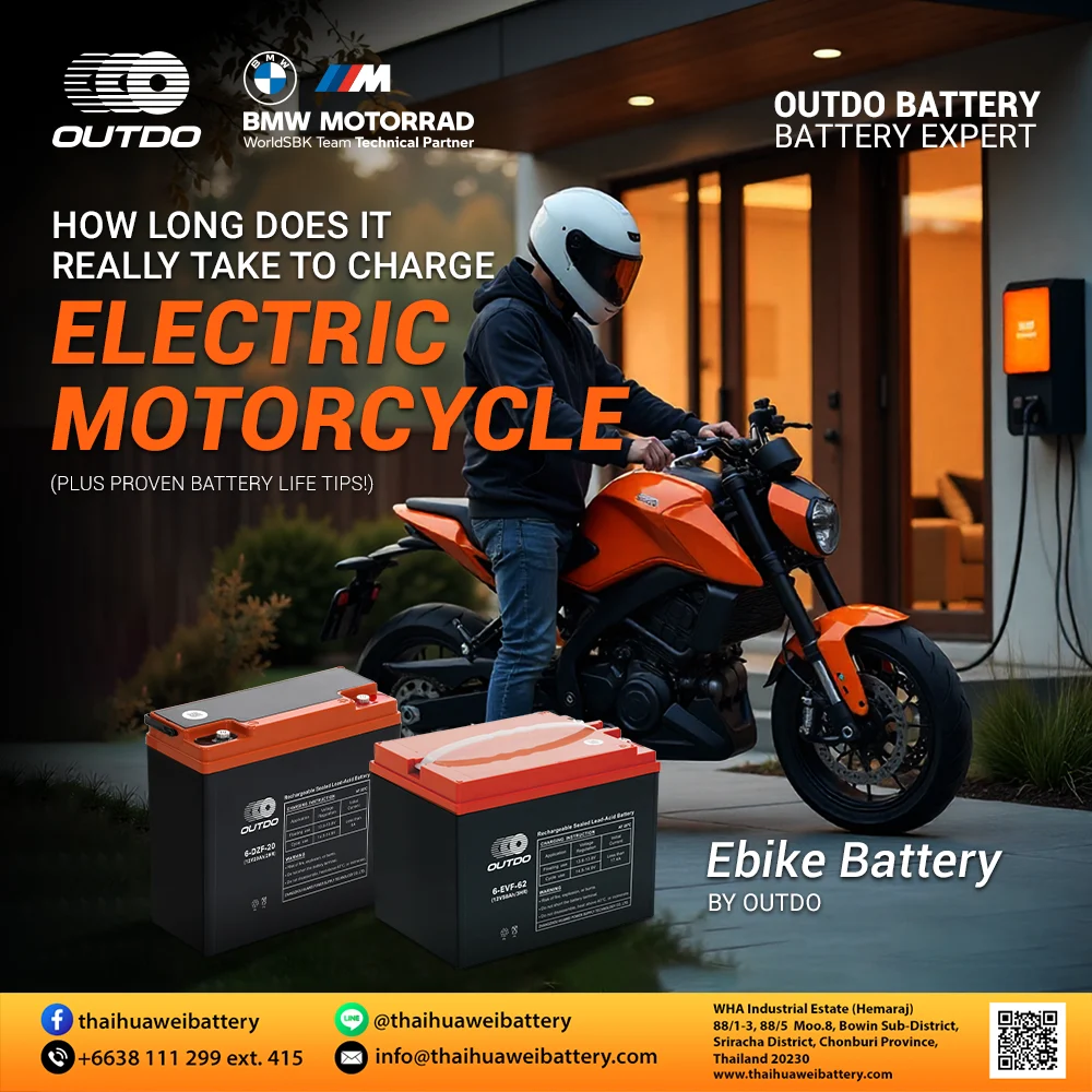Charging an electric motorcycle with OUTDO Ebike batteries and technical tips on battery life.