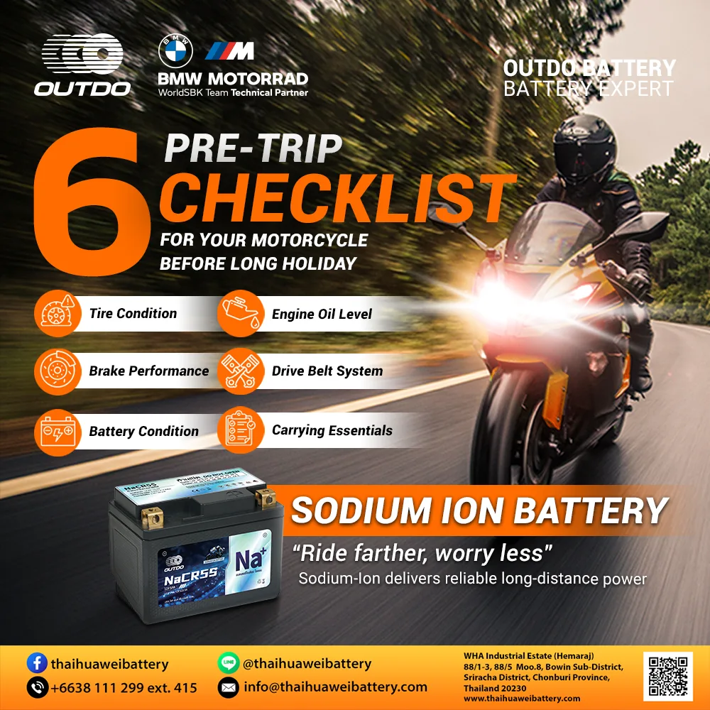 Motorcycle pre-trip checklist infographic with six safety checks and Outdo sodium-ion battery.