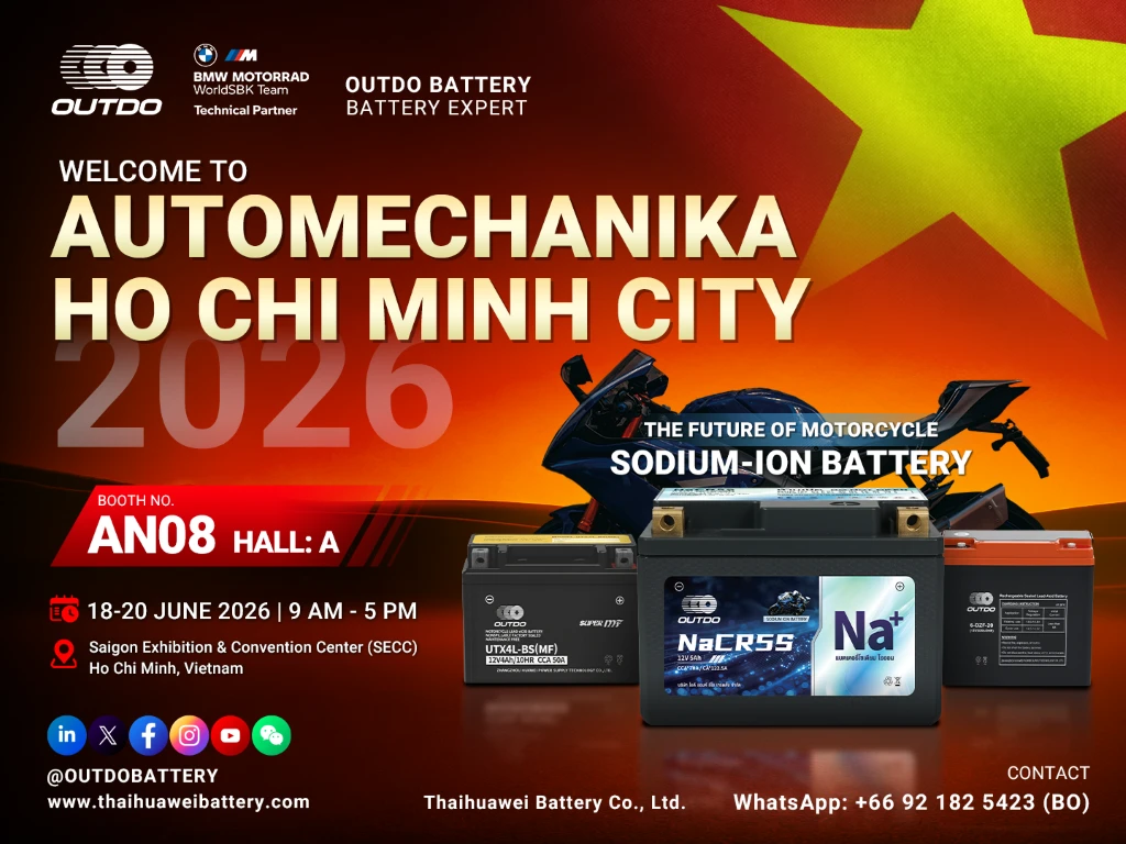 Thaihuawei Battery at Automechanika Ho Chi Minh City 2026, showcasing motorcycle and sodium-ion batteries for the Southeast Asian market.