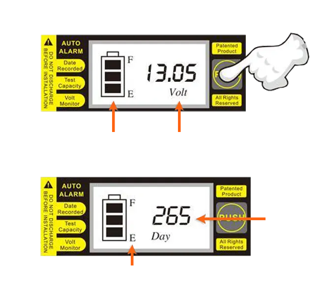 จอ LCD ของแบตเตอรี่มอเตอร์ไซค์ OUTDO DS-iGEL แสดงแรงดัน (13.05V) และตัวนับจำนวนวันใช้งาน (265 วัน) โดยกดปุ่ม PUSH เพื่อดูค่า