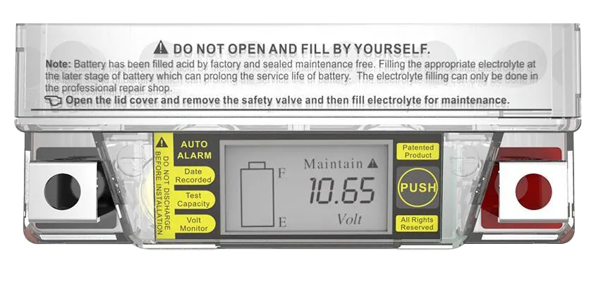 จอ LCD ของแบตเตอรี่มอเตอร์ไซค์ OUTDO DS-iGEL แสดงการแจ้งเตือน Maintain ที่ 10.65V เตือนแรงดันผิดปกติหรือความจุต่ำ