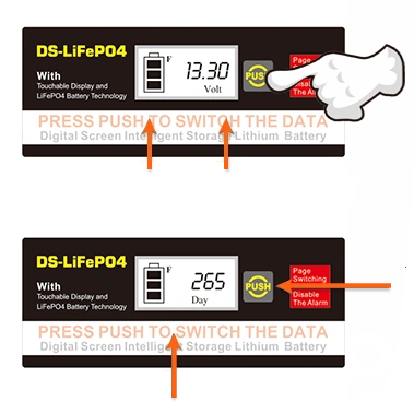 หน้าจอแบตเตอรี่ DS-LiFePO4 OUTDO แสดง 13.30V ระดับพลังงาน และปุ่ม PUSH ที่ใช้สลับระหว่างมุมมองแรงดันกับจำนวนวันใช้งาน พร้อมฟังก์ชัน Auto Alarm, Test Capacity, Date Recorded และ Volt Monitor