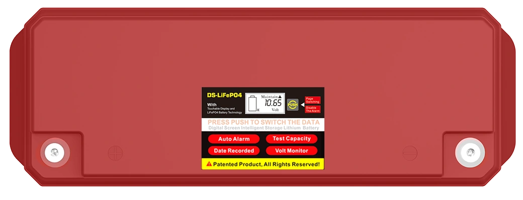 แบตเตอรี่ DS-LiFePO4 OUTDO มุมมองด้านบน หน้าจอแสดงการแจ้งเตือน Maintain ที่ 10.65V เตือนแรงดันผิดปกติหรือความจุต่ำ