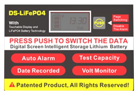 แบตเตอรี่ DS-LiFePO4 OUTDO CNLFP150-12(DS) พร้อมแผงหน้าจอดิจิทัลแสดง 13.30V และฟังก์ชันบนหน้าจอสี่รายการ: Auto Alarm, Test Capacity, Date Recorded และ Volt Monitor