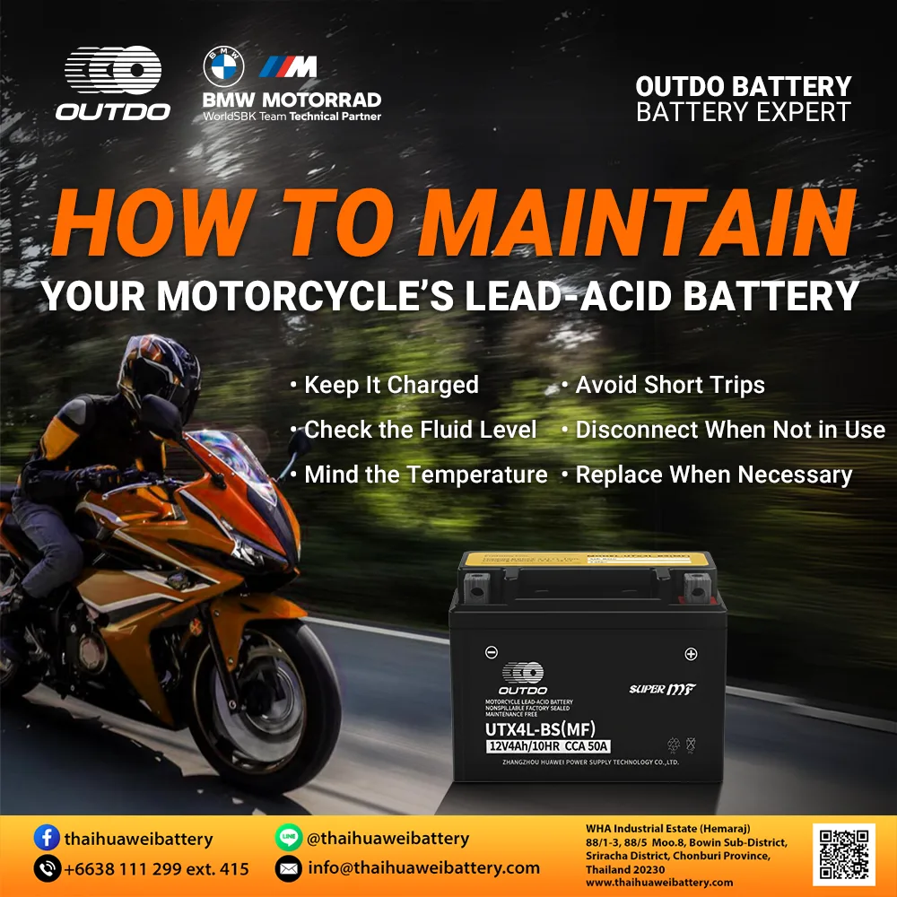 Illustrated guide showing how to maintain a lead-acid battery, including checking water levels, cleaning terminals, charging properly.