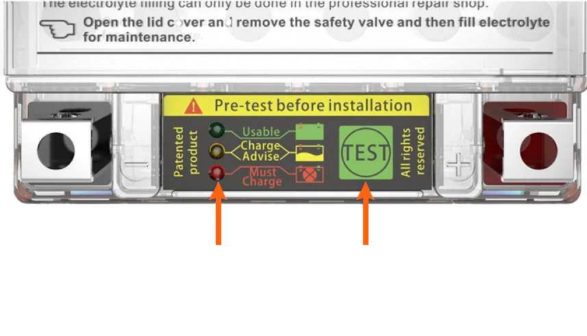 แผงแบตเตอรี่มอเตอร์ไซค์ OUTDO iGEL ป้าย Pre-test before installation: ไฟ LED 3 สี (เขียวใช้งานได้ เหลืองควรชาร์จ แดงต้องชาร์จ) พร้อมปุ่ม TEST สำหรับตรวจสอบพลังงานแบบเรียลไทม์