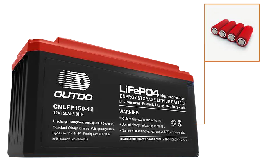 แบตเตอรี่จัดเก็บพลังงาน LiFePO4 OUTDO CNLFP150-12 (12V 150Ah) วางคู่กับกลุ่มเซลล์ LiFePO4 ทรงกระบอก