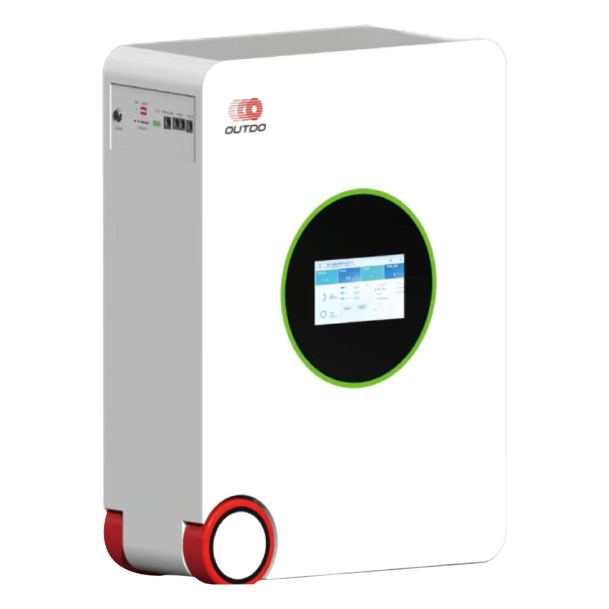 White lithium push-pull battery unit with round display screen and red circular base accents.