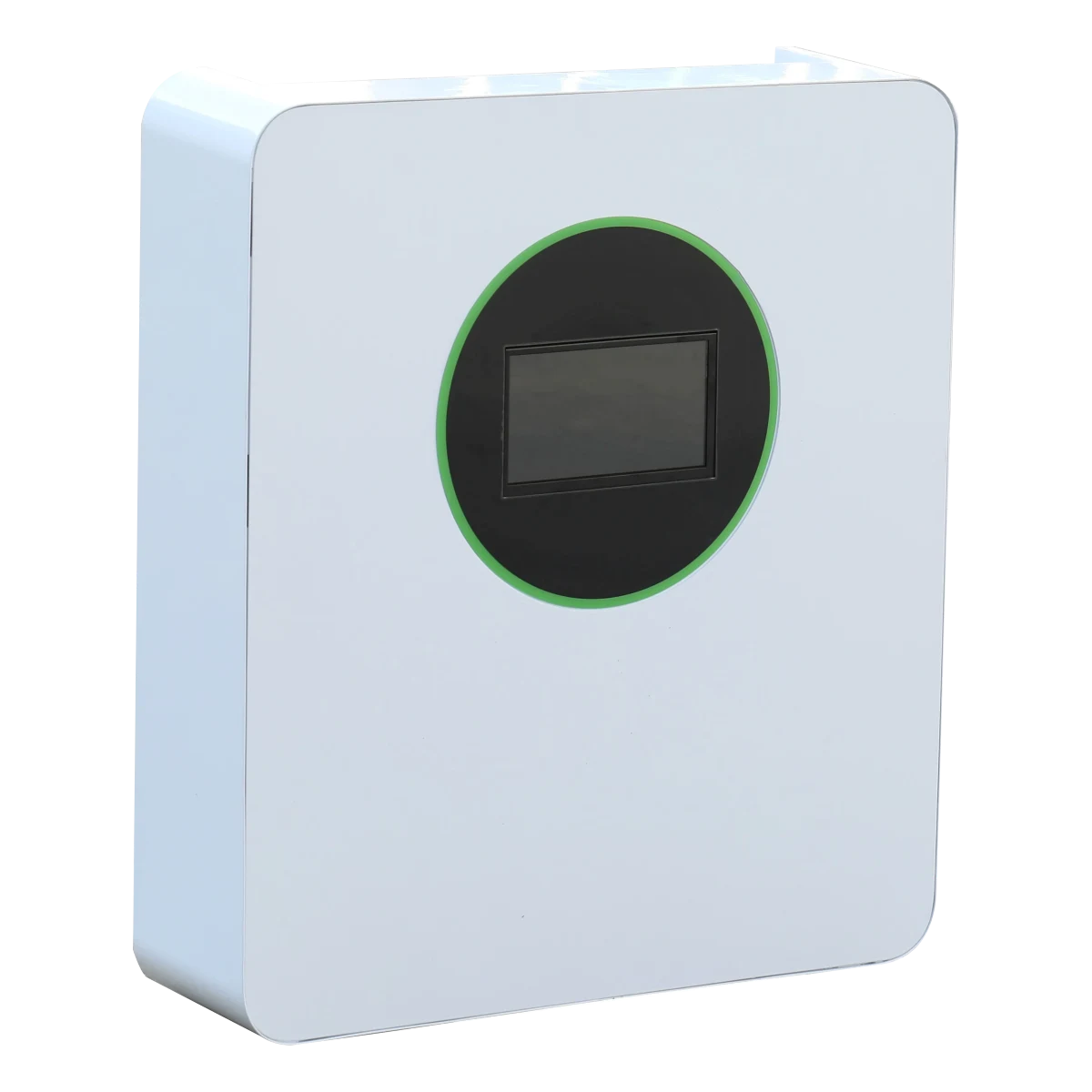 White push pull semi-solid energy storage unit with a black circular center and digital display screen.