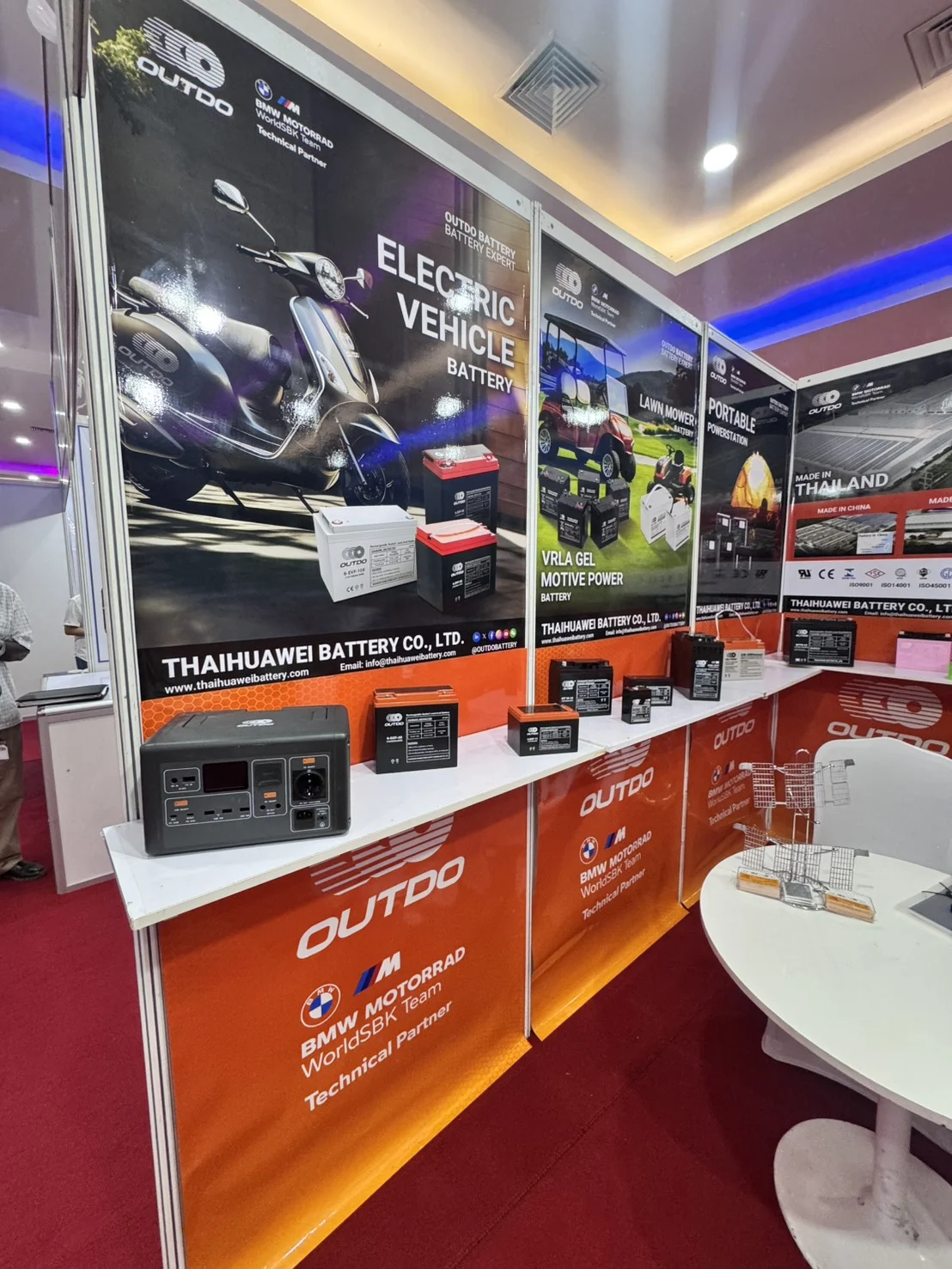 Electric vehicle, VRLA gel motive power, and portable power station batteries on display at the Thaihuawei Battery booth