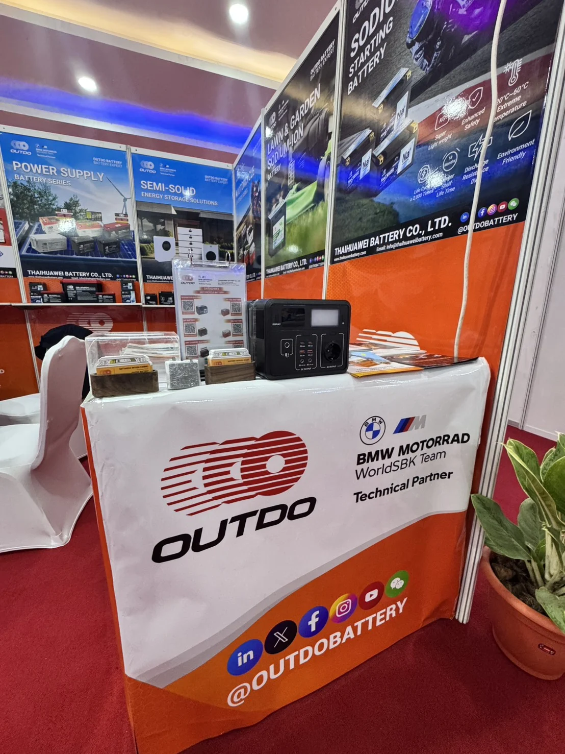 OUTDO portable power station and sodium-ion starting battery display, BMW Motorrad WorldSBK Team technical partner