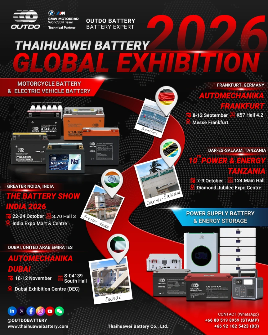Thaihuawei Battery 2026 global exhibition roadmap: Power & Energy Tanzania, The Battery Show India, and Automechanika Dubai