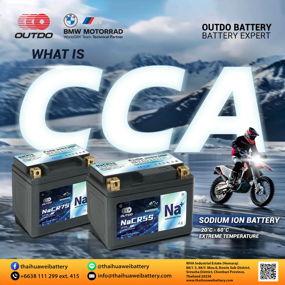 What is CCA in motorcycle batteries featuring Outdo sodium-ion battery performance in cold weather.